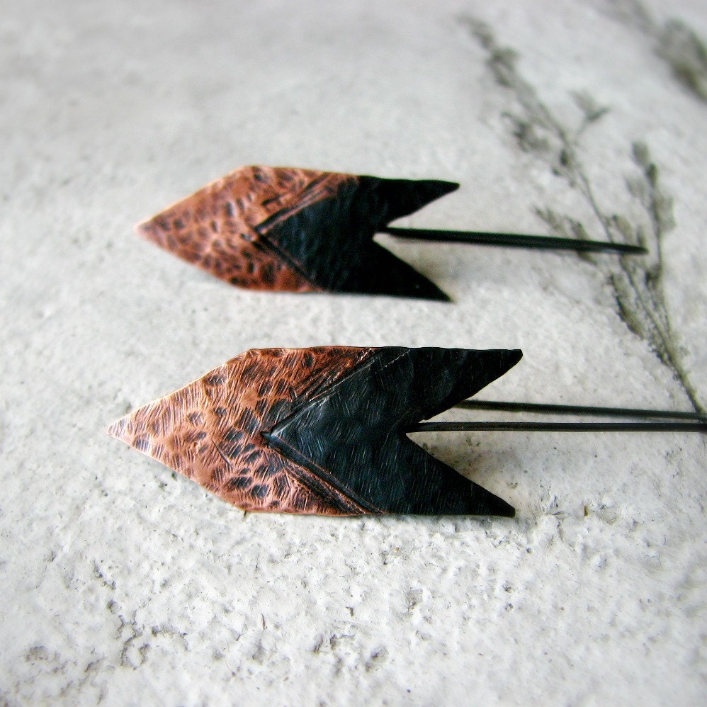 SALE 20% off Arrow earrings hammered copper earrings two-tone oxidized sterling silver tribal rustic modern - Huntress