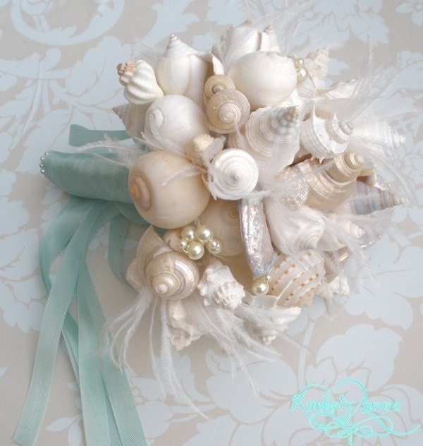 Custom Bridal Bouquet of Shells and Silk Flowers. DEPOSIT