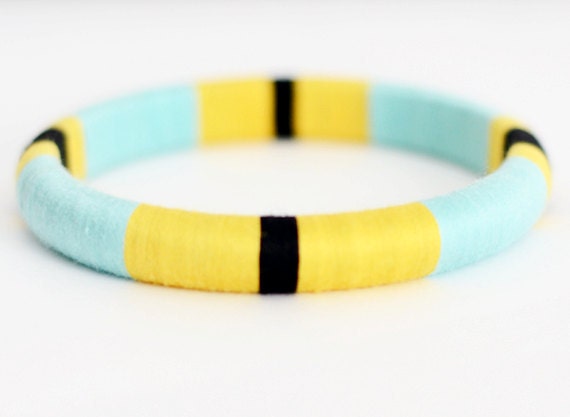 Blue. Yellow. Black. Tribal Thread Bangle Bracelet - no. 502
