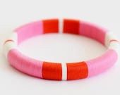 Pink. Orange. White.  Stackable Thread Bangle Bracelet with Stripes - no. 513B