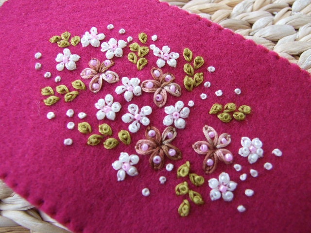 Hand Embroidered Deep Pink Felt Glasses Case
