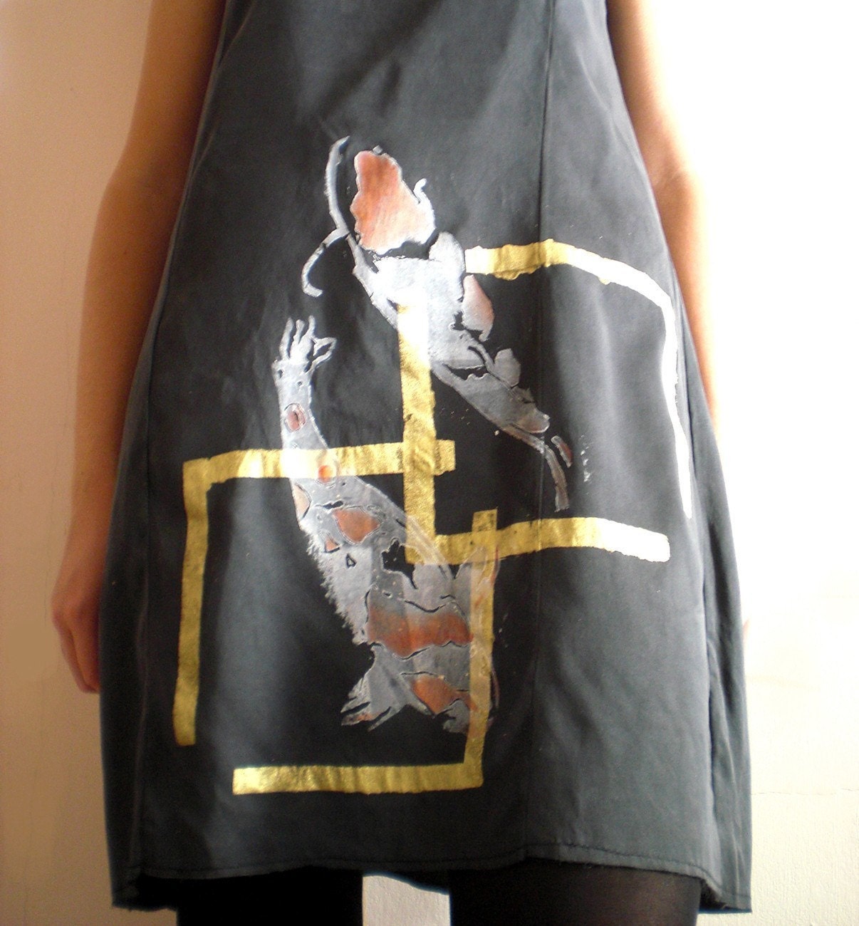 Tattoo Koi washed silk dress, black red and gold print, vintage inspired