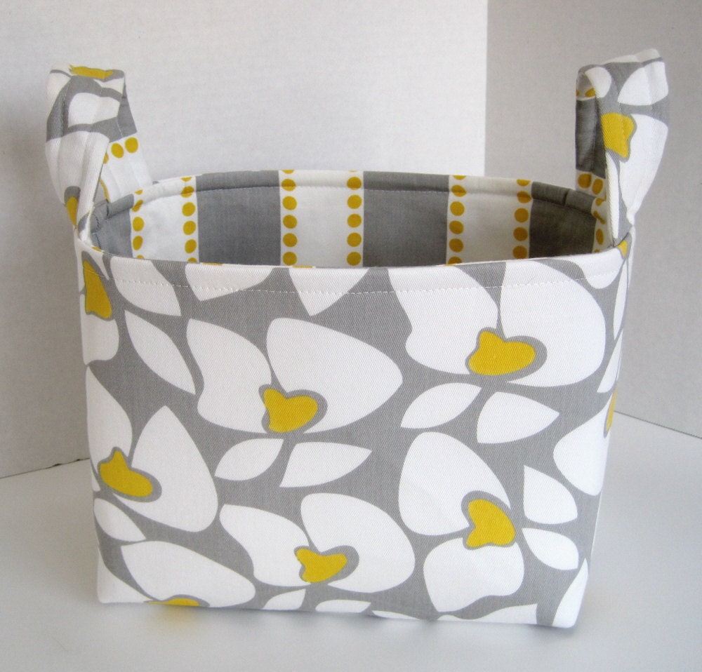 Large Gray and Yellow Mod Floral Fabric Basket