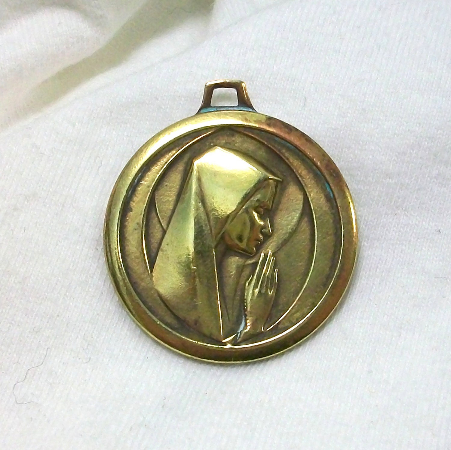 Unusual Vintage Marian Medal. Praying Virgin Mary and Hand Doves with Rosary. Large Thick Brass Catholic Medal.