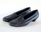 NOS Moccasin Loafers 8.5, 9. Navy Blue Leather Woven Stacked Heel Shoes Made In The USA.