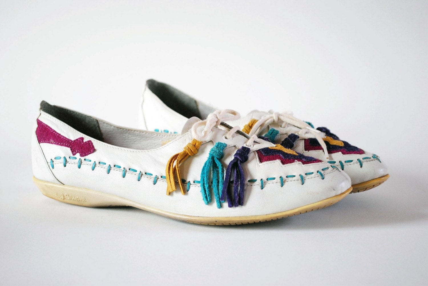 UNREAL 80s L.J. Simone Native American Aztec Magenta Purple Mustard Teal Tassel Leather Suede Oxfords Flats 8, 8.5