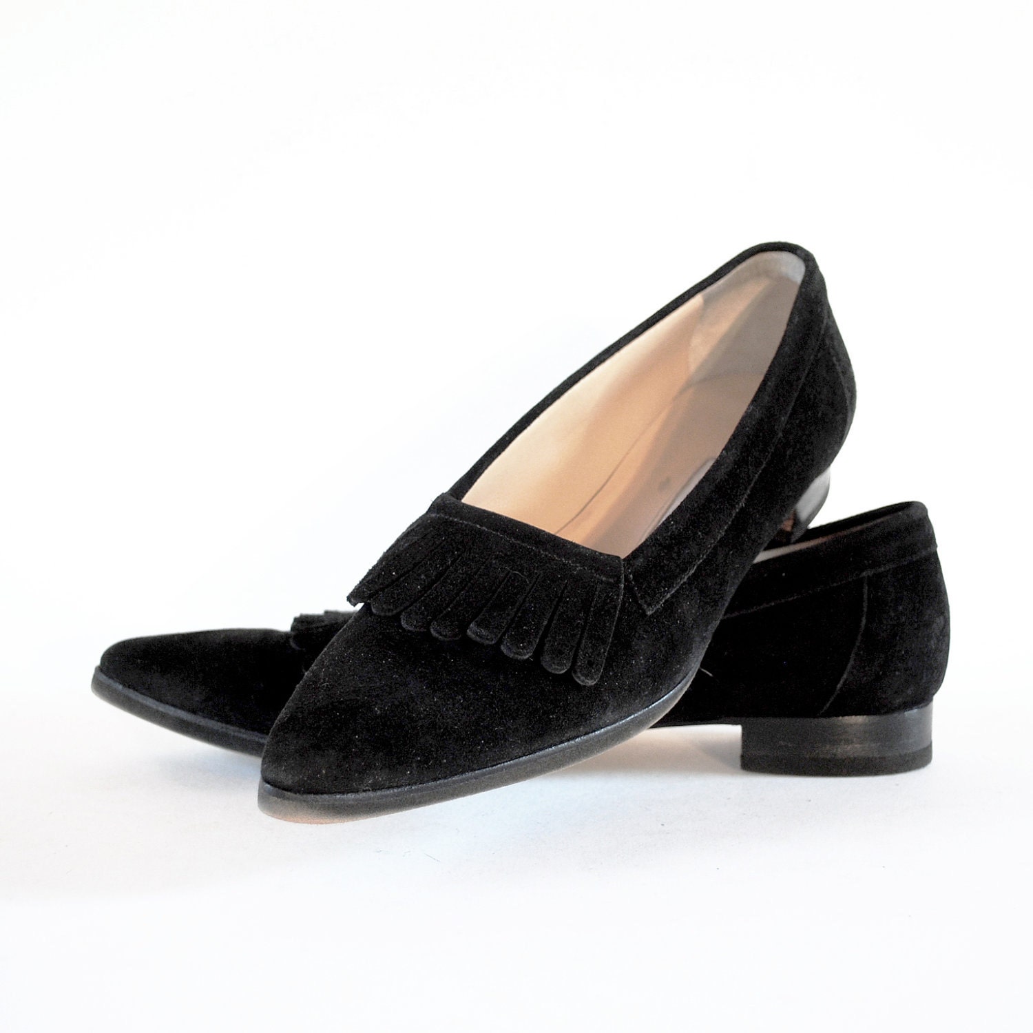 Manolo Blahnik Black Nubuck Pointed Toe Fringe Flats 8