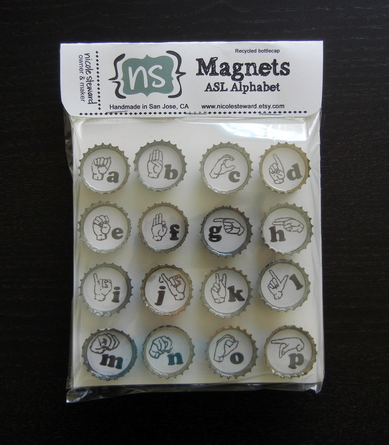 American Sign Language Alphabet (ASL)  Recycled Bottlecap Magnets