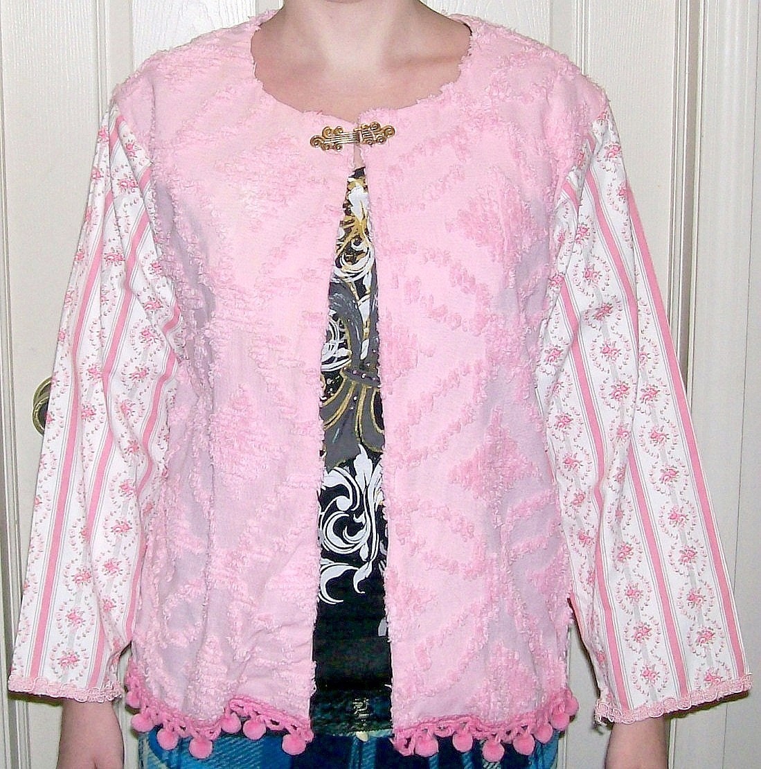 Clearance Chenille Pillowticking Jacket - Recycled - Vintage - Ladies Medium Now Only 15.00