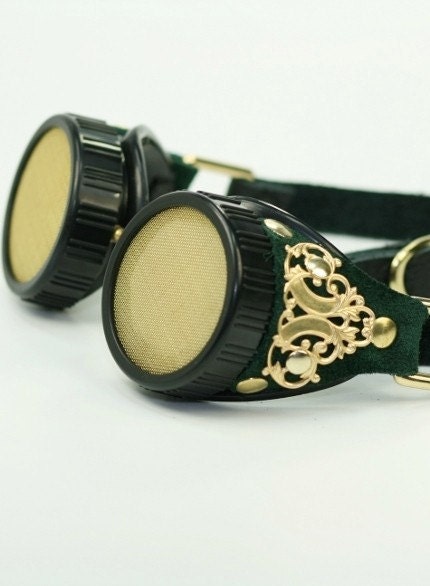 STEAMPUNK Hunter Green Suede and Brass Victorian Goggles