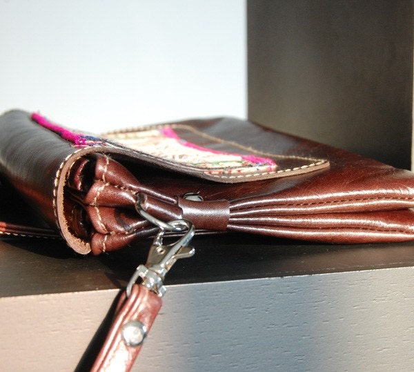 Burgundy Brown Leather Clutch with Tribal Embroidery LAST ONE