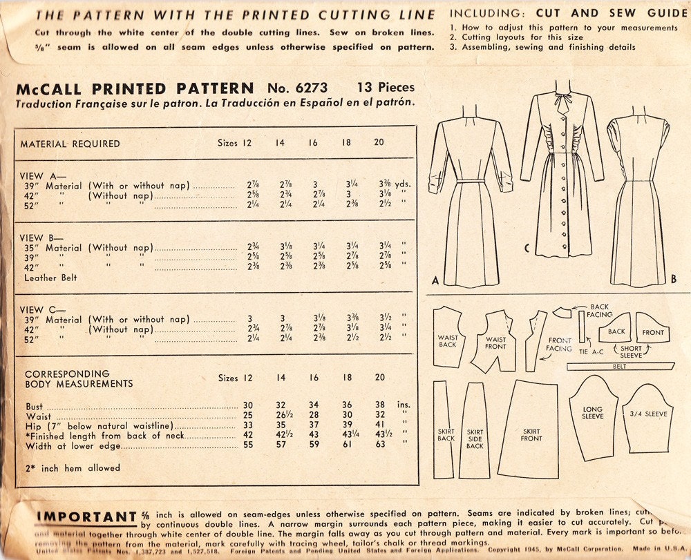 Vintage 1940s dress pattern- McCalls 6273