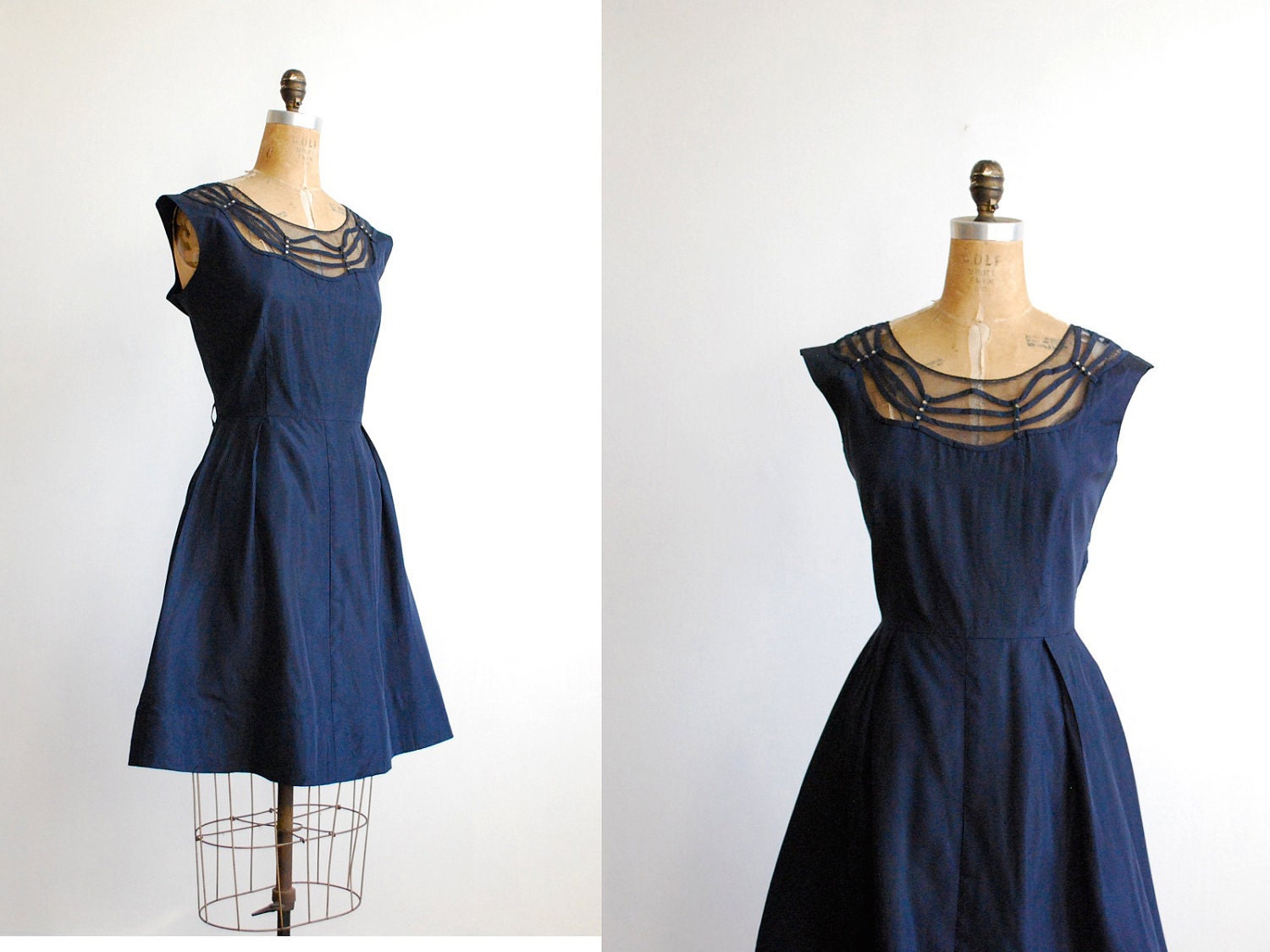 vintage 1950s dress // cocktail illusion neckline navy blue Large XL