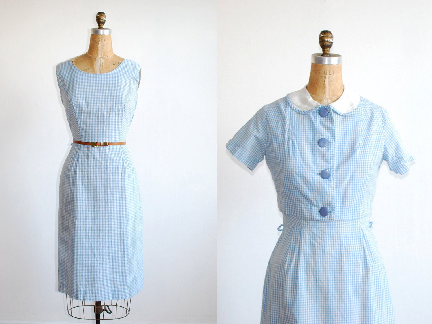 vintage 1950s dress. jacket set. large. gingham cotton.