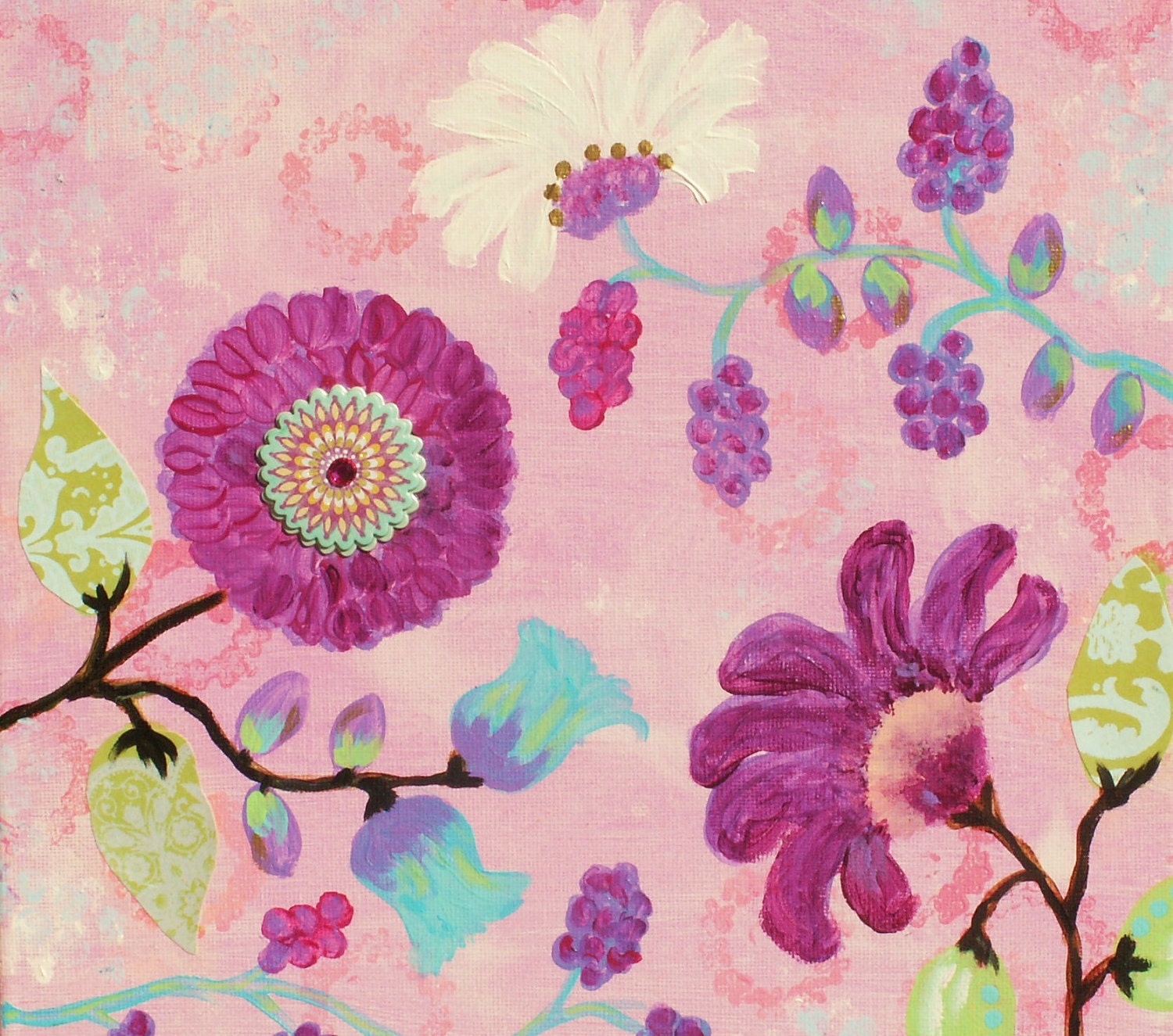 Pink, Whimsical Flower Original Painting, Jester's Garden, 12x12 Canvas, Girl's Room, Mixed Media