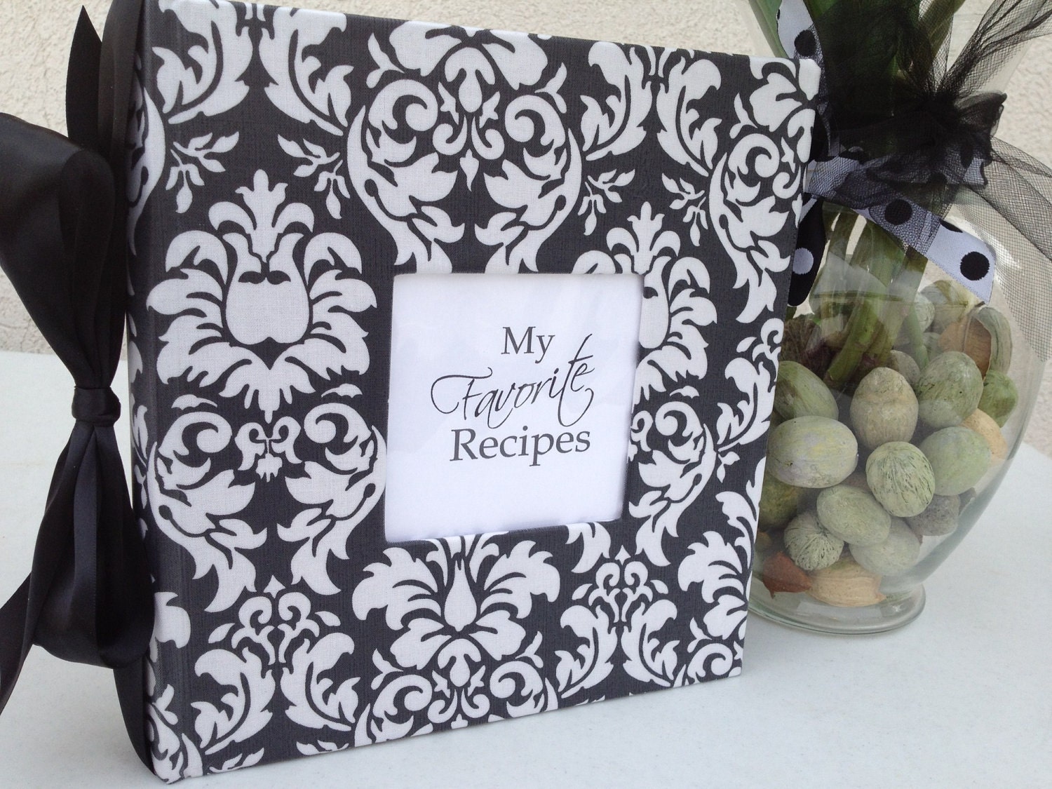 Damask Photo Album / Recipe Organizer- Handwrapped Laminated Damask Fabric - pick color of accent