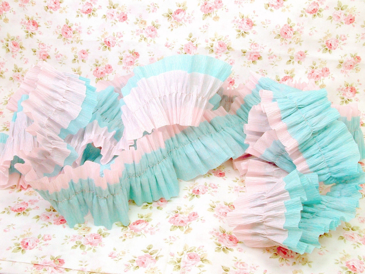 Reversible Vintage Style Pink and Aqua Double Crepe Paper Ruffles for Crafting, Scrapbooking, Gift Tags, Decorating and More ECS
