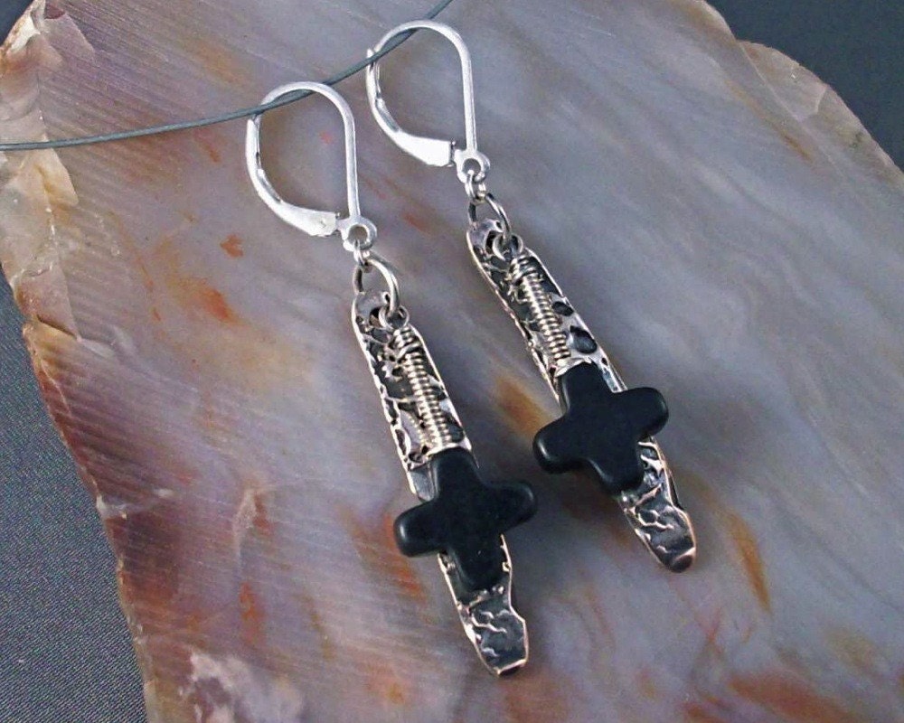 Black Cross Sterling Silver and Shibuichi Earrings SALE
