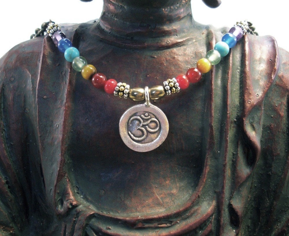 OM Necklace Fine Silver Pendant with Chakra Rainbow Gemstones 2 SALE