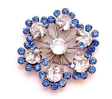 Sterling Silver Clear Blue Rhinestone Pin / Pendant