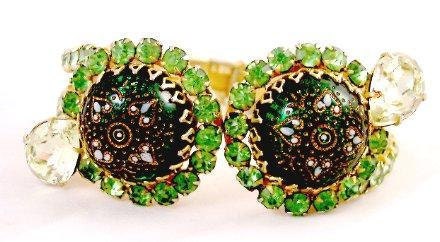 Green Rhinestone Vintage Clamper / Bracelet with Etched Center Stones