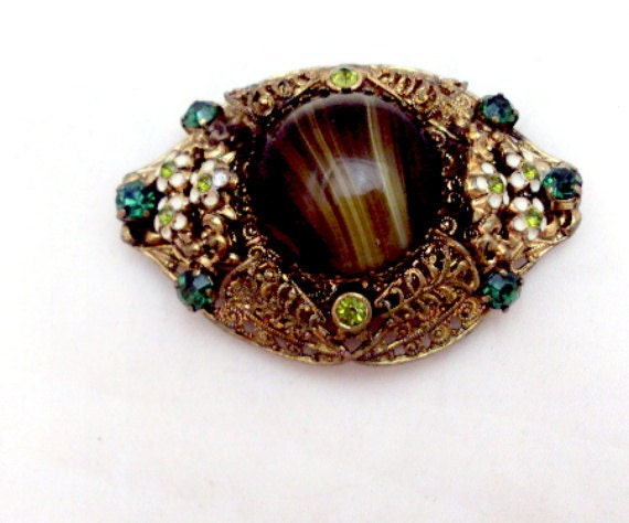 West German Art Glass, Rhinestone Enamel Flower Pin Brooch