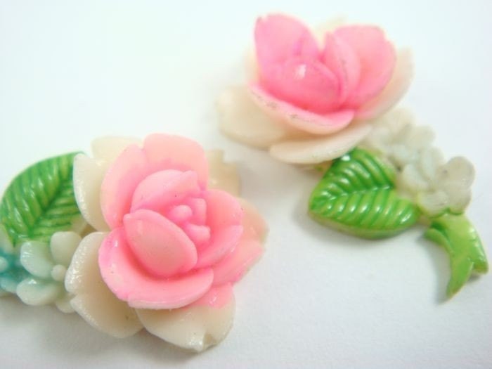 4 Vintage Hand Painted Rose with Stem and Leaf Cabochons - Pink