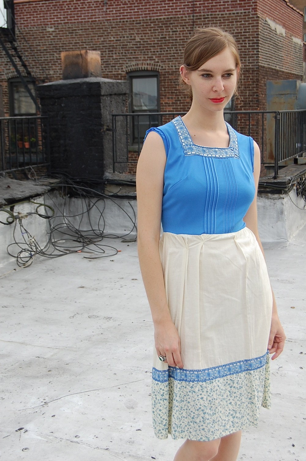 1970s Vintage Blue  and Cream Sundress