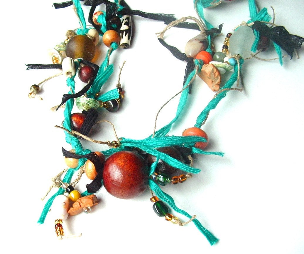 Boho Necklace Gypsy Charm OOAK Necklace Handmade Tribal Natural Beaded Wood Jewelry Turquoise Ribbon Necklace, FREE Domestic Shipping
