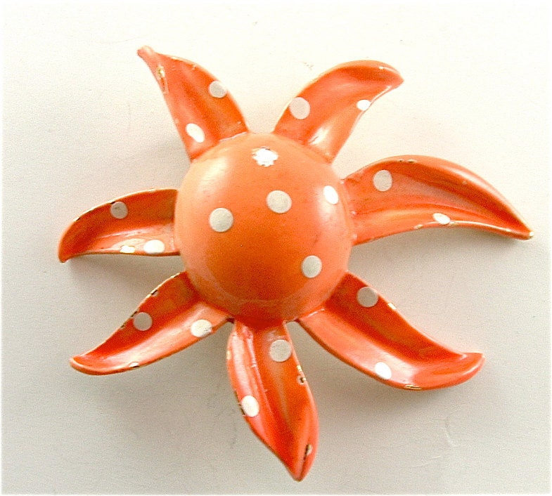 Starfish Flower Brooch Vintage Enamel Jewelry Melon Orange White Polka Dots Pin, Free Domestic Shipping