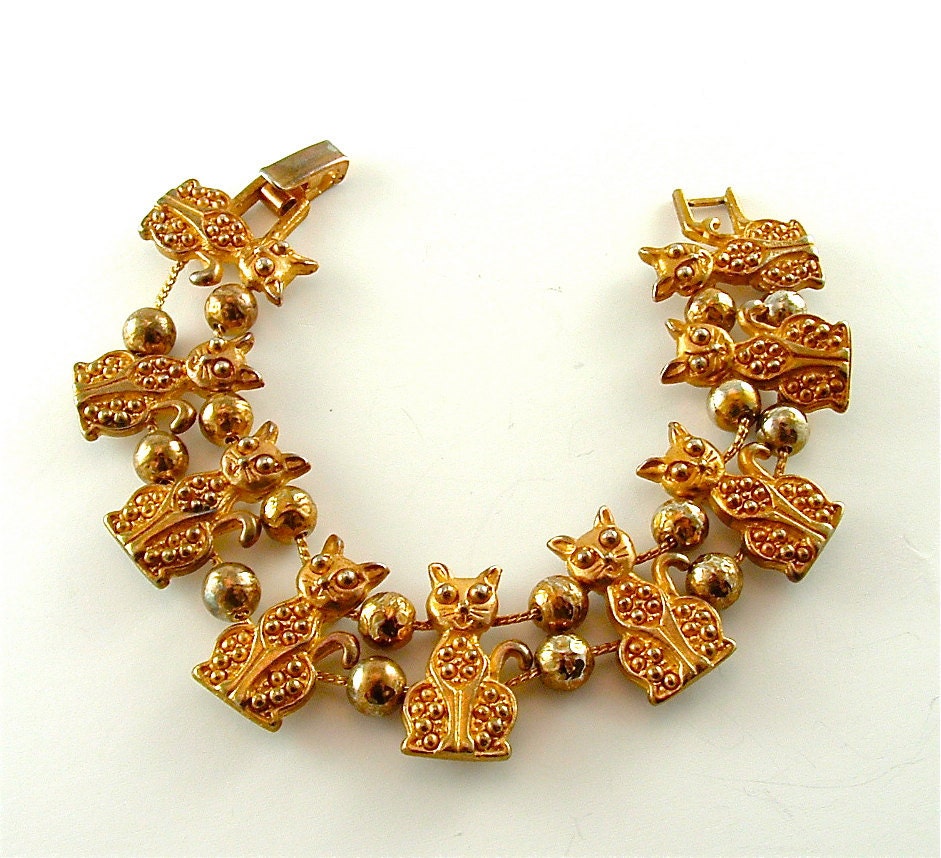 Cat Slide Bracelet Vintage Jewelry Beaded Cat Lovers Multi Strand Cuff Bracelet (Free Shipping USA)