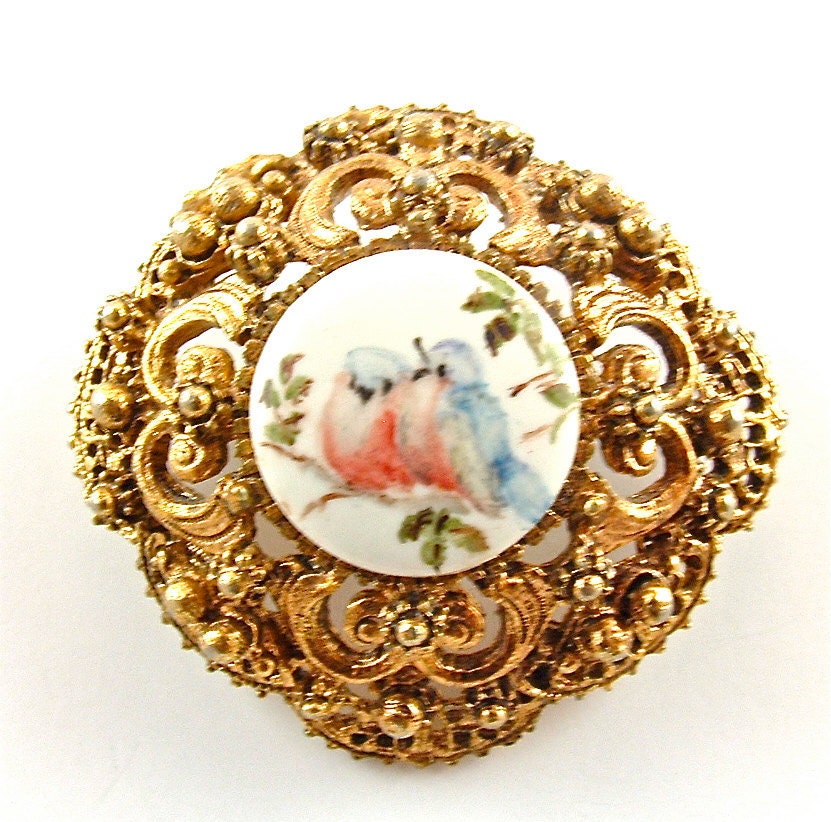 Romantic Brooch Vintage Jewelry Ornate Bluebird Hand Painted Porcelain Spring Fashion Pin ((Free Shipping USA))