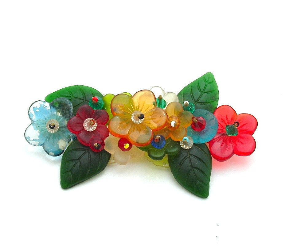 Vintage Garden Beaded Brooch Nature Inspired Jewelry Colorful Handmade Botanical Leaves and Flowers