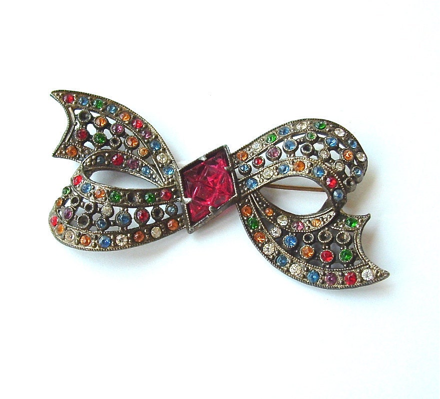 Vintage Rhinestone Brooch 40s Colorful Ribbon Bow Jewelry Pin, FREE Domestic Shipping