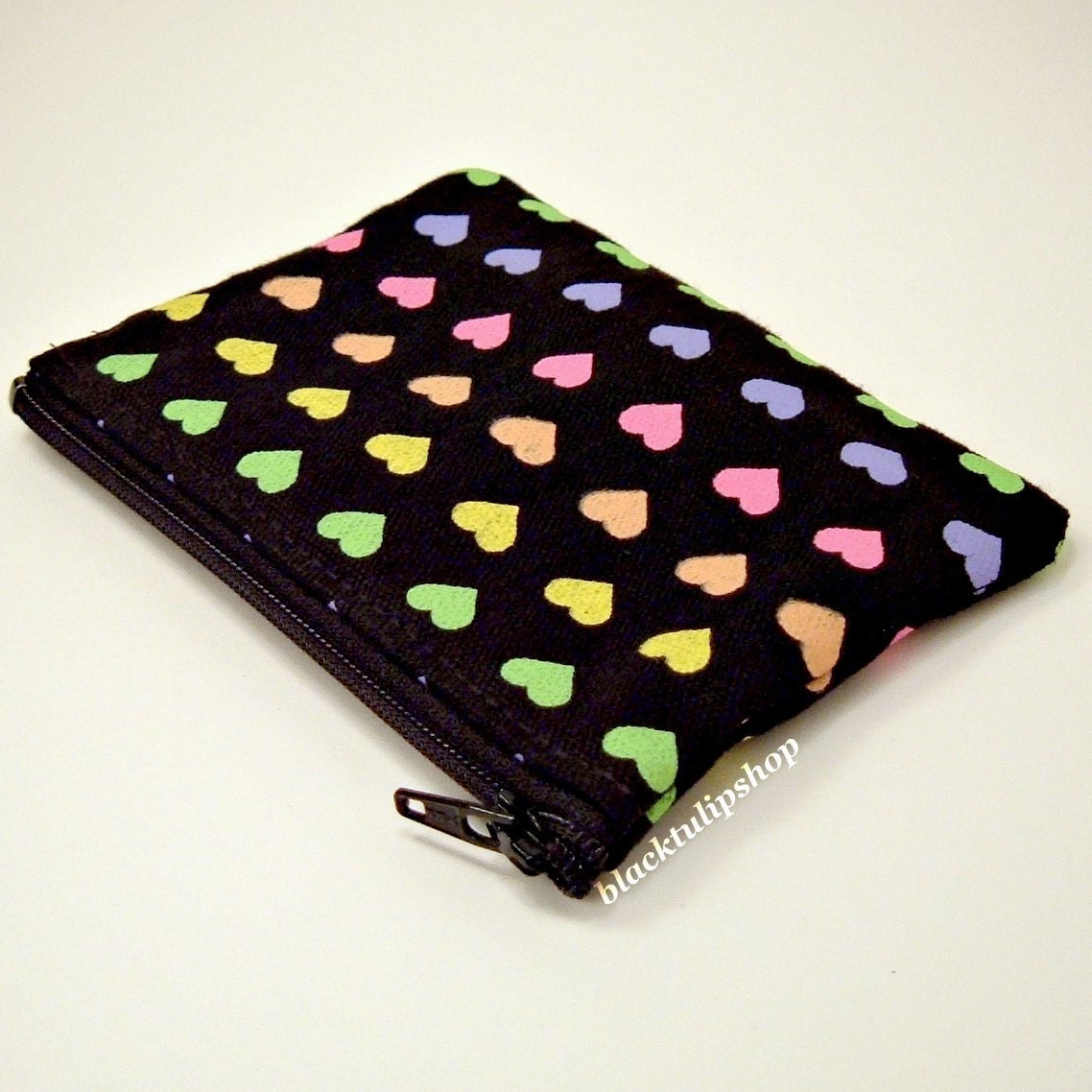 Cute Black Coin Purse Small Zipper Pouch Retro 80s Bright Multicolored Rainbow Hearts Teen Women
