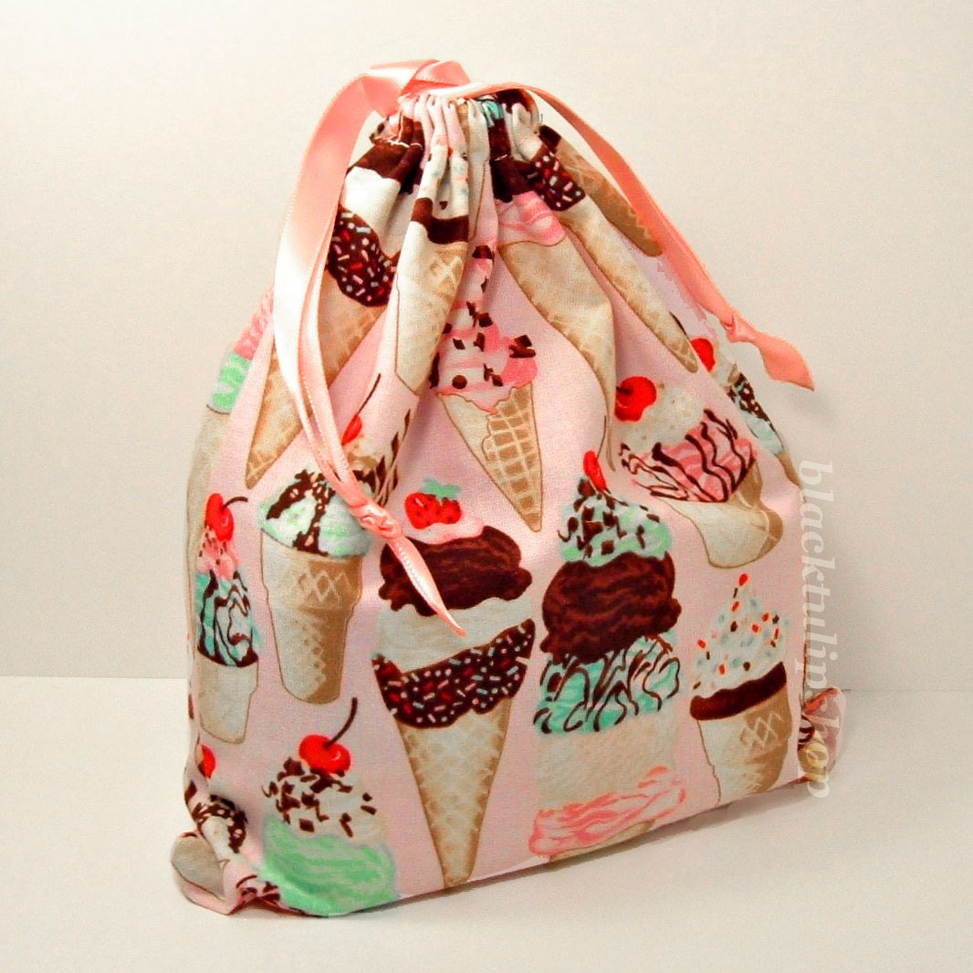 Kawaii Sweet Fairy Kei Decora Lolita Yummy Ice Cream Cone Drawstring Pouch For Summer Camp/Bento Bag/Makeup Bag/Purse/Gift Wrap/Zakka Bag