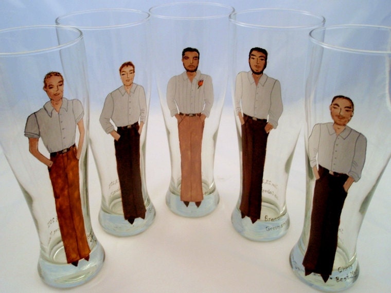 Hand Painted Groom, Groomsmen Personalized Pilsner Glasses (5 glasses) -Custom Caricatures-Unique Bridal Party Gift