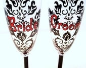 Bride and Groom -Black and Red Damask Hand Painted Champagne Toasting Flutes - Custom Wedding Gift