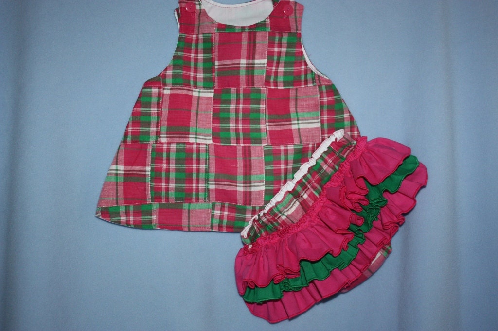 Sweet Hot Pink Green Spring Plaid A-Line Dress or Top with Sassy ruffle Bloomers