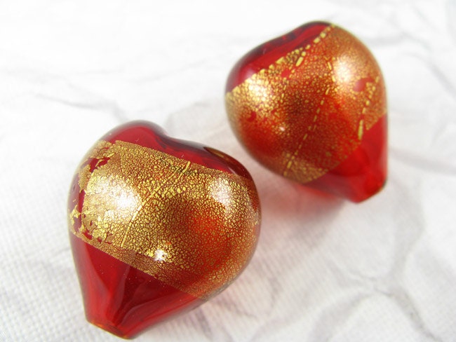 2 Red and gold heart blown glass beads Heart beads