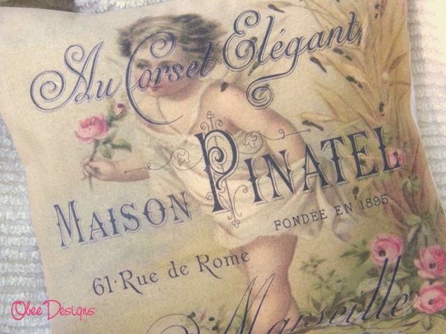 Feminine Angelic Cherub on a Vintage French Advertisement PILLOW with Floral Rose Accents