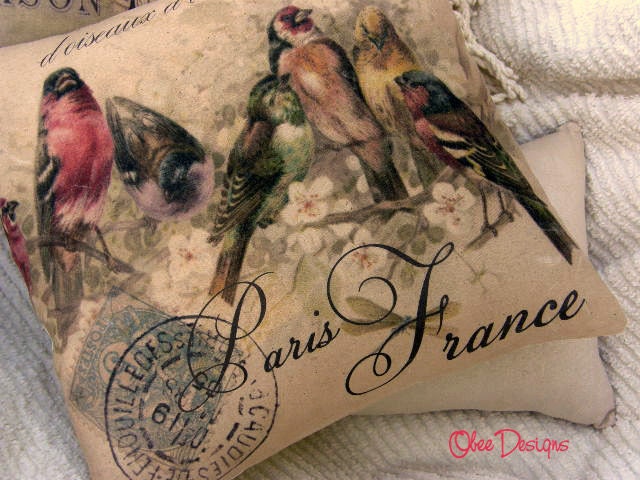 Feminine Blush Pink PILLOW Vintage French Postcard with Birds Linen Envelope Closure Back