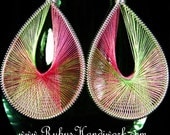 Handmade Thread Earrings, String Art, Woven Earrings, Pink, Green, RubysHandiwork.com