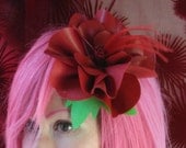 Hair Flower Barrette Pin up Latex Open Rose Blossom  with Feather Center