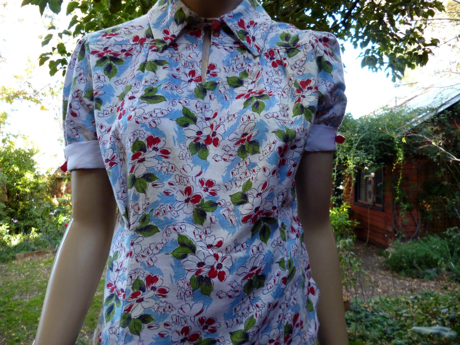 1930s / 1940s WWII Vintage Reproduction Blouse -  Fabulous Feedsack fabric