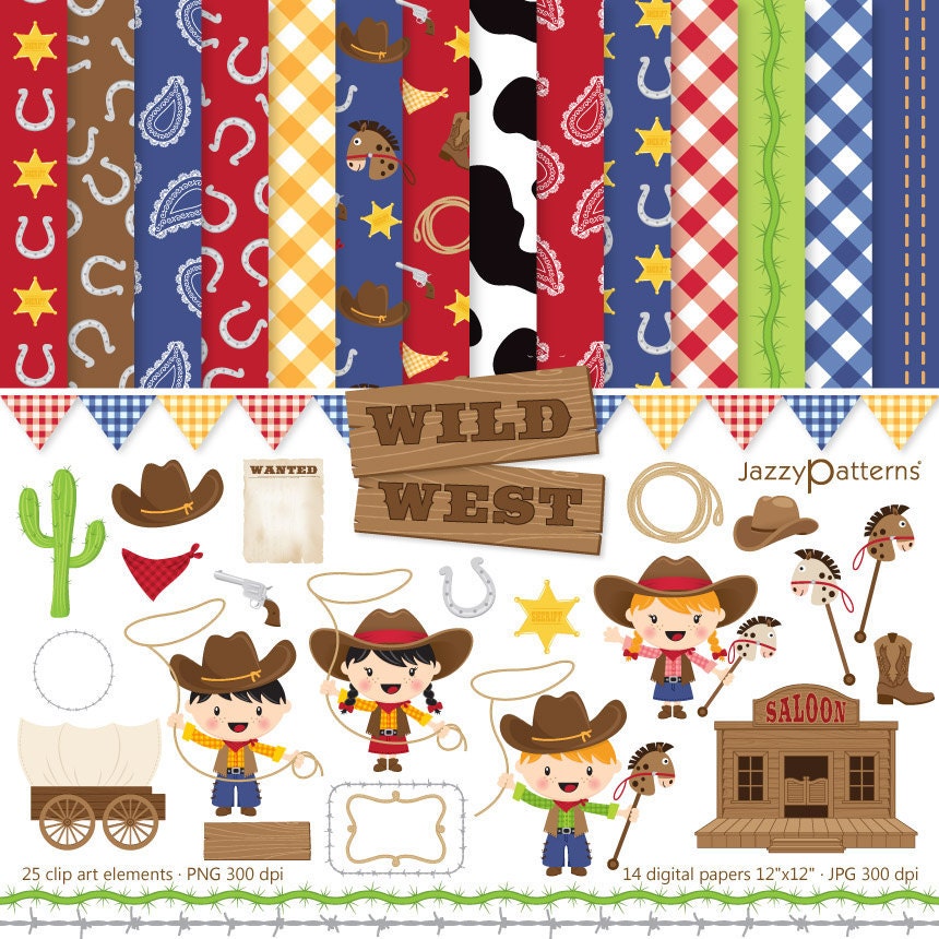Little cowboys clipart and digital scrapbooking papers pack Wild West DK007 instant download