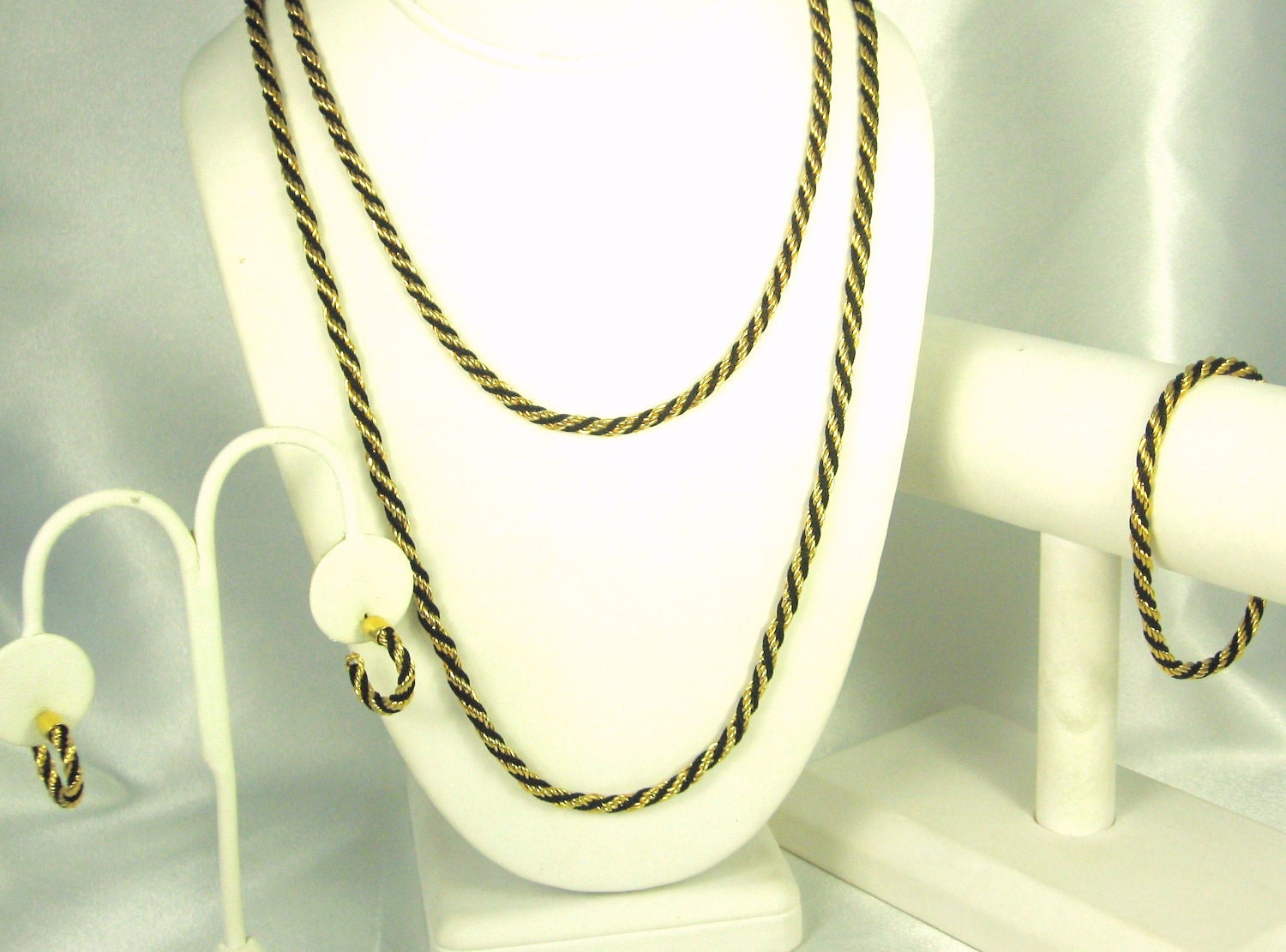 Vintage 1970s Trifari Gold Tone Metal Braided Necklaces, Bracelet, and Earrings