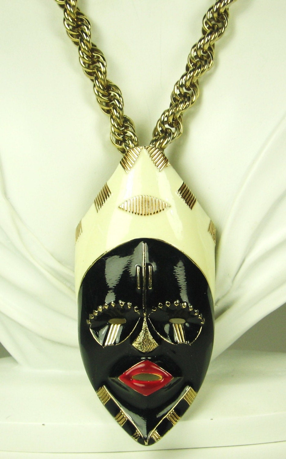 Vintage Ciner Black Enamel Tribal Mask Necklace