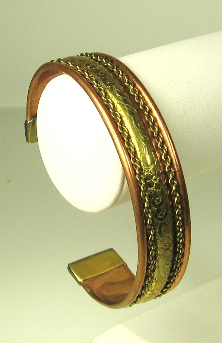 Vintage Copper and Gold Tone Metal Floral Cuff Bracelet
