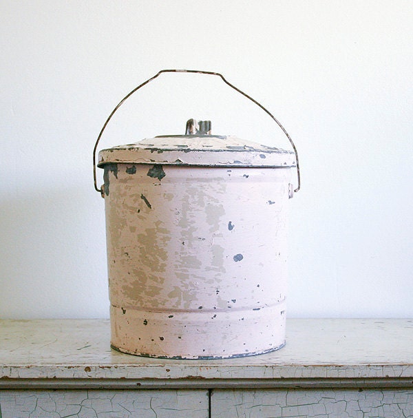 ON SALE - Vintage Metal Bucket with Lid - Chippy Pink Paint
